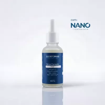 Frasco de sérum com conta-gotas e rótulo azul da marca CICATRIBEM