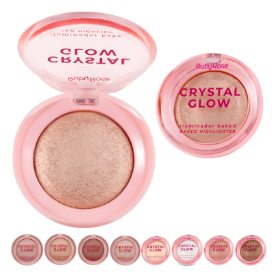 Iluminador Ruby Rose Crystal Glow em embalagem rosa com produto brilhante