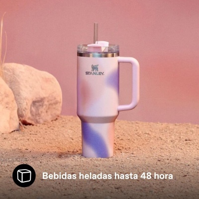 Copo térmico Stanley rosa e azul com tampa e canudo