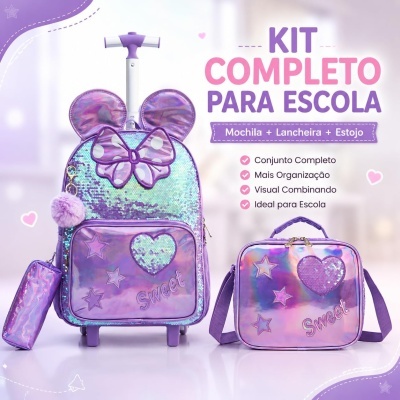 Kit&#x20;Mochila&#x20;de&#x20;Rodinhas&#x20;Infantil&#x20;Roxa&#x20;com&#x20;Lancheira&#x20;e&#x20;Estojo&#x20;-&#x20;Estilo&#x20;Princesa&#x20;Encantada