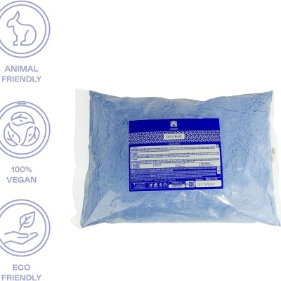 Pacote azul de pó Eco Dogs com etiqueta azul e ícones ambientais