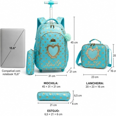 Kit&#x20;Mochila&#x20;Infantil&#x20;Cora&#x00E7;&#x00E3;o&#x20;Dourado&#x20;Azul&#x20;com&#x20;Lancheira&#x20;e&#x20;Estojo