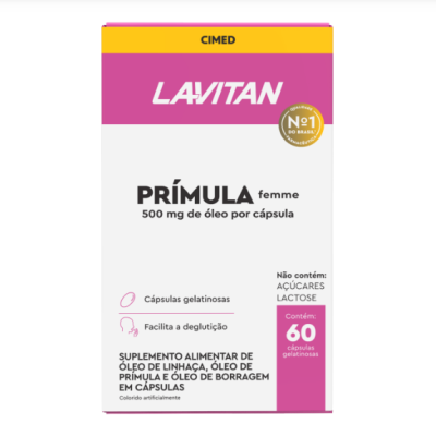 Embalagem de suplemento Lavitan Prímula femme com 60 cápsulas