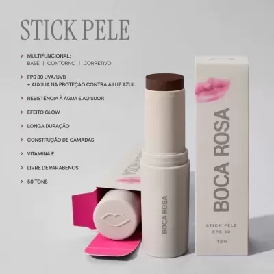 Stick de maquilhagem BOCA ROSA em embalagem branca e rosa com texto promocional