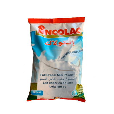 Pacote plástico de pó de leite integral Incolac com cores branco, azul e vermelho