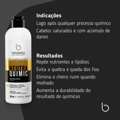 Frasco branco de produto capilar bórobella NEUTRA QUIMIC com indicações e resultados em fundo preto