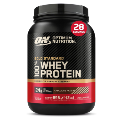 Frasco preto de proteína whey da Optimum Nutrition, sabor Chocolate Hazelnut, 896 g