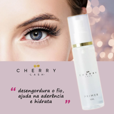 Frasco de primer da Cherry Lash ao lado de um olho com pestanas longas