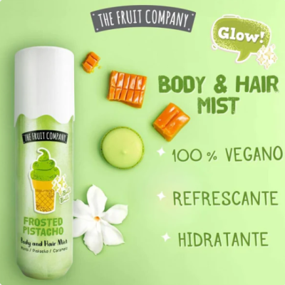 Frasco de spray Frosted Pistachio da The Fruit Company sobre fundo verde com ingredientes e texto
