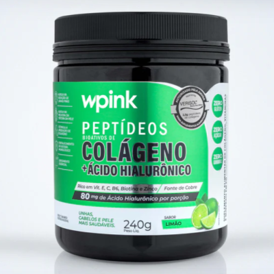 Pote preto de suplemento de colágeno e ácido hialurónico com rótulo verde e branco e sabor limão