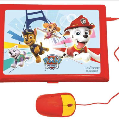 Tablet infantil vermelho com ecrã Paw Patrol e rato amarelo e vermelho