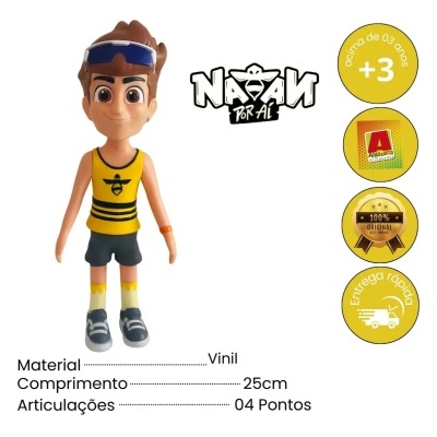 Boneco de vinil com colete amarelo e calções pretos
