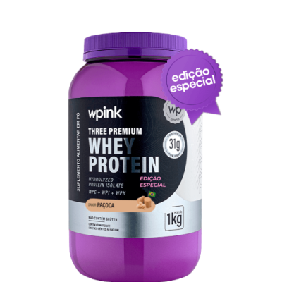 Recipiente roxo de suplemento alimentar wpink Whey Protein edição especial sabor paçoca 1kg