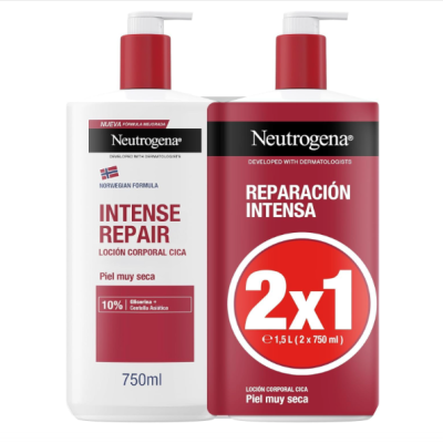 Dois frascos de loção corporal Neutrogena Intense Repair com dispensadores, embalagens branca e vermelha, 750 ml cada.
