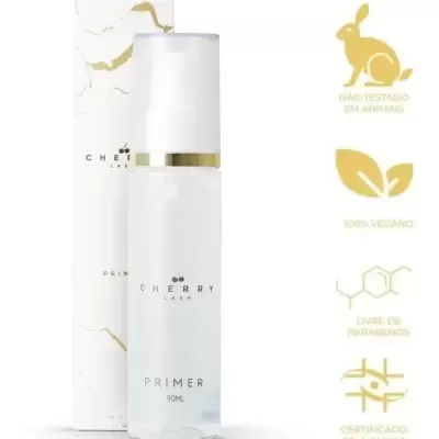 Frasco de primer Cherry Lash 90ml com embalagem e selo de garantias vegano, sem parabenos e certificado