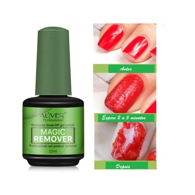 Frasco de Magic Remover para unhas e imagens do processo de remoção do verniz vermelho