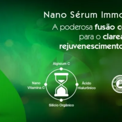 Frasco branco com rótulo verde e branco de sérum Nano Immortale-C sobre fundo verde com texto em português