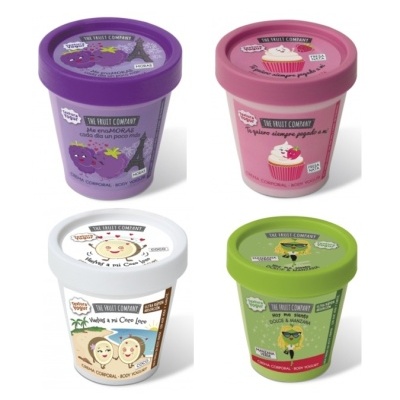 Quatro embalagens coloridas de gelado da marca THE FRUIT COMPANY