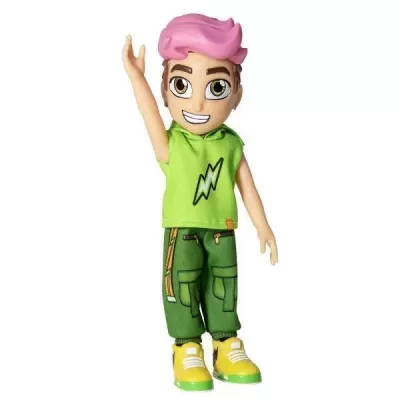 Boneco de brinquedo com roupas verdes e cabelo rosa