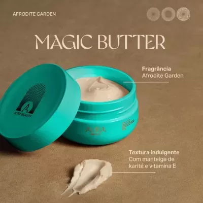 frasco azul-turquesa aberto com creme bege e texto do produto Magic Butter