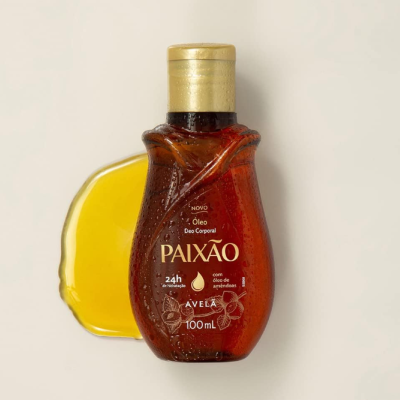 Frasco de óleo corporal Paixão tampa dourada e líquido amarelo