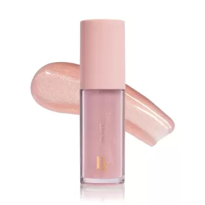 Verniz ou gloss labial rosa com brilho em frasco de vidro com tampa rosa claro