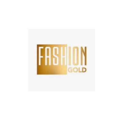 Logotipo dourado com texto 'FASHION GOLD' em fundo branco.