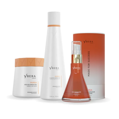 Produtos de cuidados capilares Ybera Paris em embalagens branca e laranja