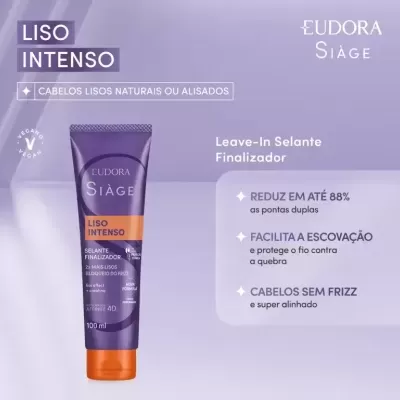 Tubo de creme Eudora Siàge Liso Intenso Selante Finalizador roxo e laranja, com texto sobre benefícios para cabelos lisos