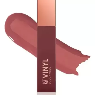 Batom vinílico bordô com tampa cor de rosa dourado e amostra da cor do batom.