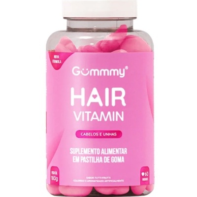 Frasco de suplemento alimentar Gummmy Hair Vitamin com pastilhas de goma rosa
