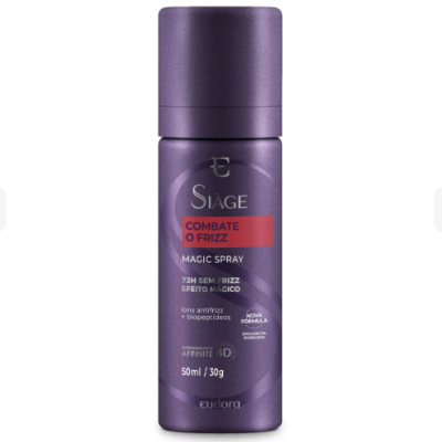Frasco roxo fosco de spray capilar combate o frizz 50 ml.