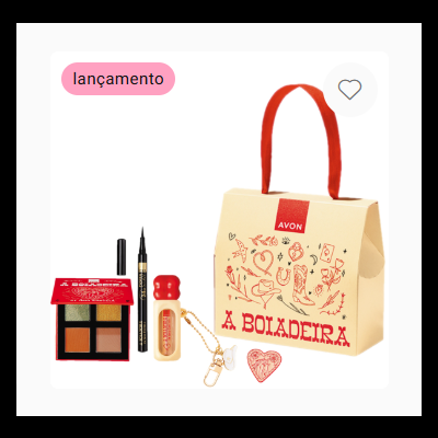 Conjunto de maquilhagem Avon com paleta de sombras, delineador, vidro pequeno e saco com alças vermelhas