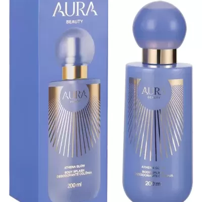 Frasco e embalagem de desodorizante colónia azul com detalhes dourados