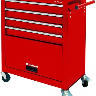 Carrinho de ferramentas vermelho com rodas e quatro gavetas