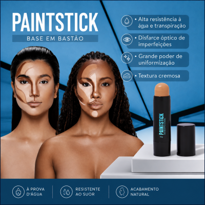 Base em bastão PAINTSTICK com modelos mostrando aplicação no rosto e texto descritivo em fundo azul
