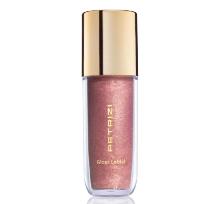 Frasco de gloss labial rosa metalizado PETRIZI com tampa dourada