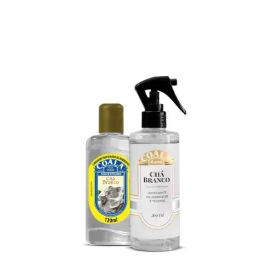 Duas garrafas de produtos COALA Chá Branco para limpeza e odor