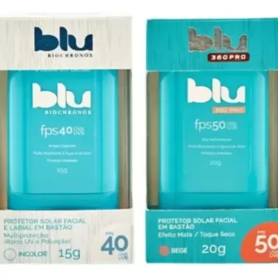 Dois protetores solares faciais em bastão blu FPS 40 e FPS 50 em embalagens diferentes