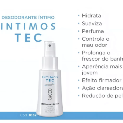 Desodorizante íntimo em spray branco e azul claro da marca Racco com texto descritivo