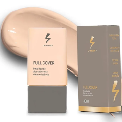 Base líquida LP Beauty Full Cover em embalagem bege e cinza com frasco e caixa ao lado