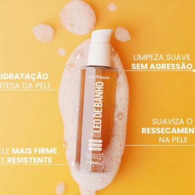 Frasco de óleo de banho sobre espuma em fundo amarelo com texto promocional em português