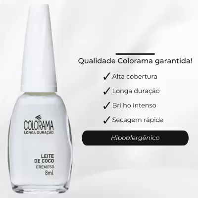 Frasco de verniz de unhas branco Colorama Leite de Coco 8ml com texto explicativo em português