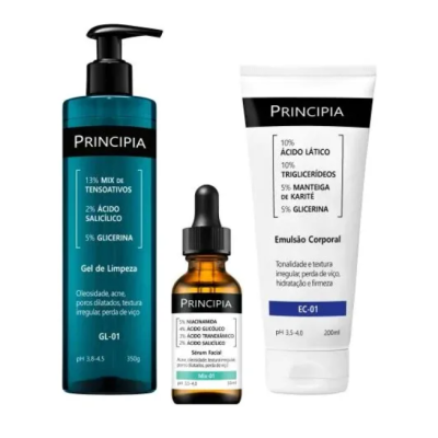 Três produtos Principia: gel de limpeza azul, sérum facial âmbar e emulsão corporal branca