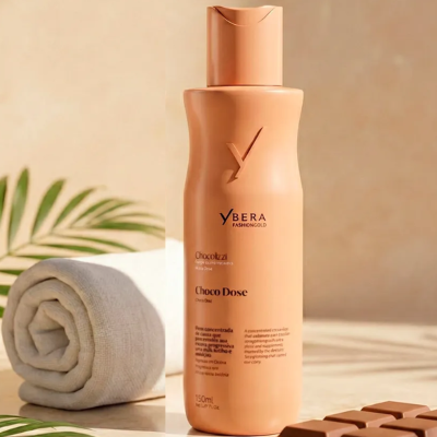 Frasco YBERA Choco Dose com toalha branca enrolada e barra de chocolate