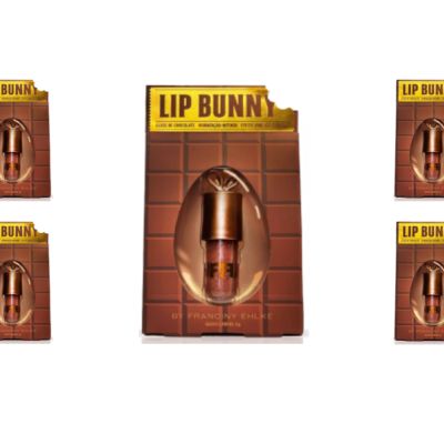 Embalagem de gloss labial LIP BUNNY em caixa com design de chocolate