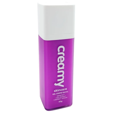 Frasco roxo retangular de gel-creme facial da marca creamy com tampa branca