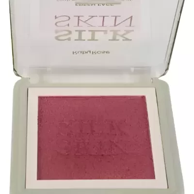 Blush compacto rosa em estojo plástico bege claro com tampa transparente