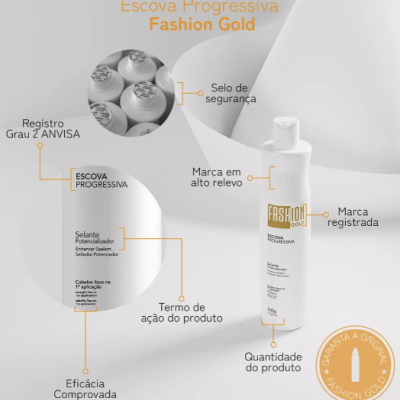 Embalagem branca do produto Escova Progressiva Fashion Gold com texto e selo de segurança