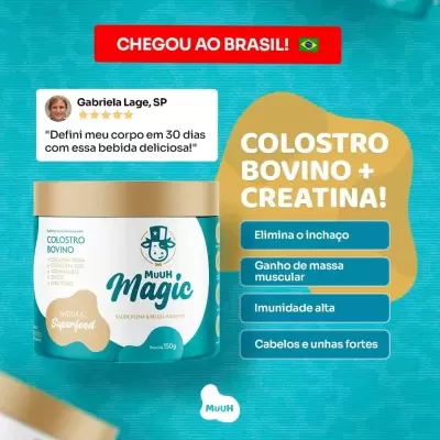 Suplemento Muuh Magic colostro bovino e creatina em embalagem azul-turquesa e bege com texto de benefícios ao lado